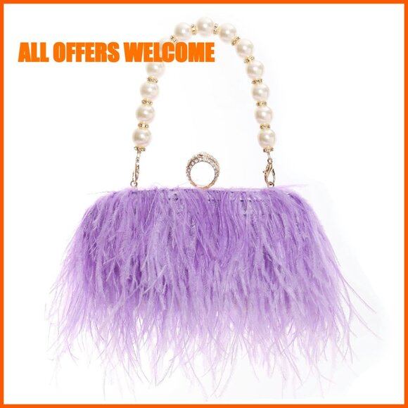 Ostrich Feather Clutch Purse with Detachable Chains 7x3 Inch